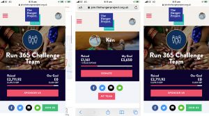 Screenshots from Ken's phone showing his running and fundraising progress