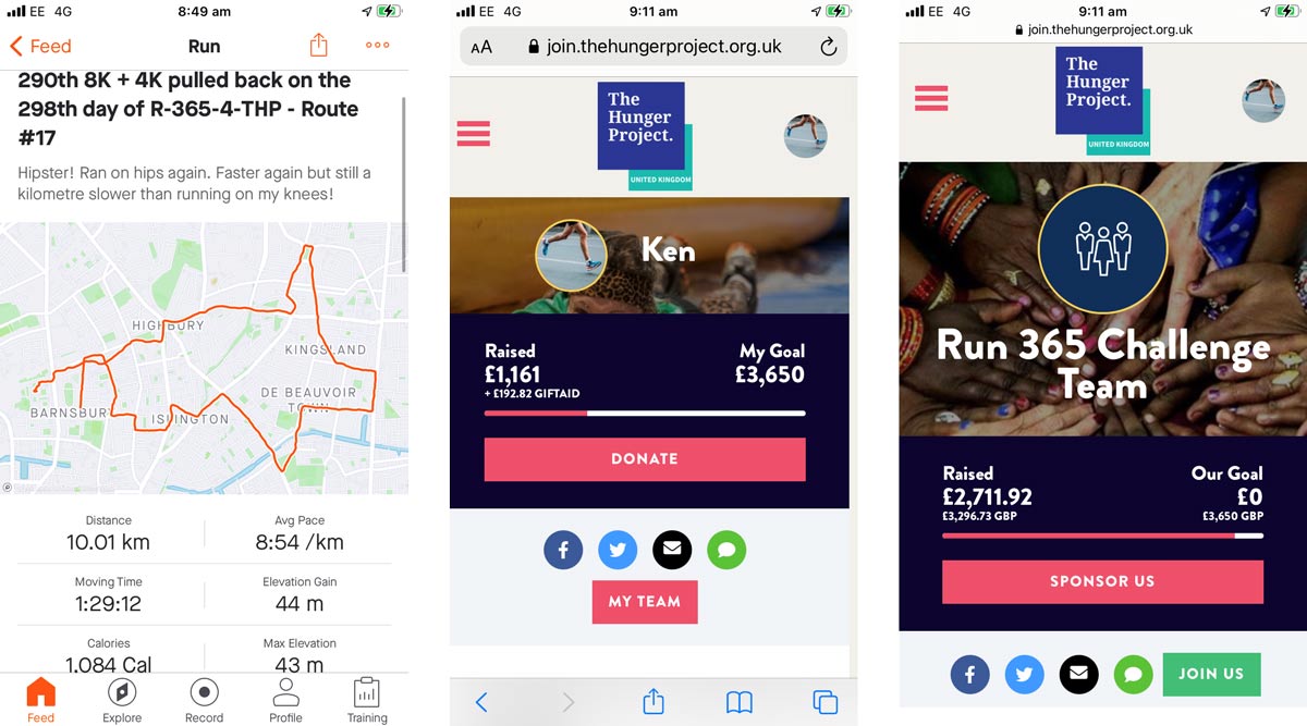 Screenshots from Ken's phone showing his running and fundraising progress